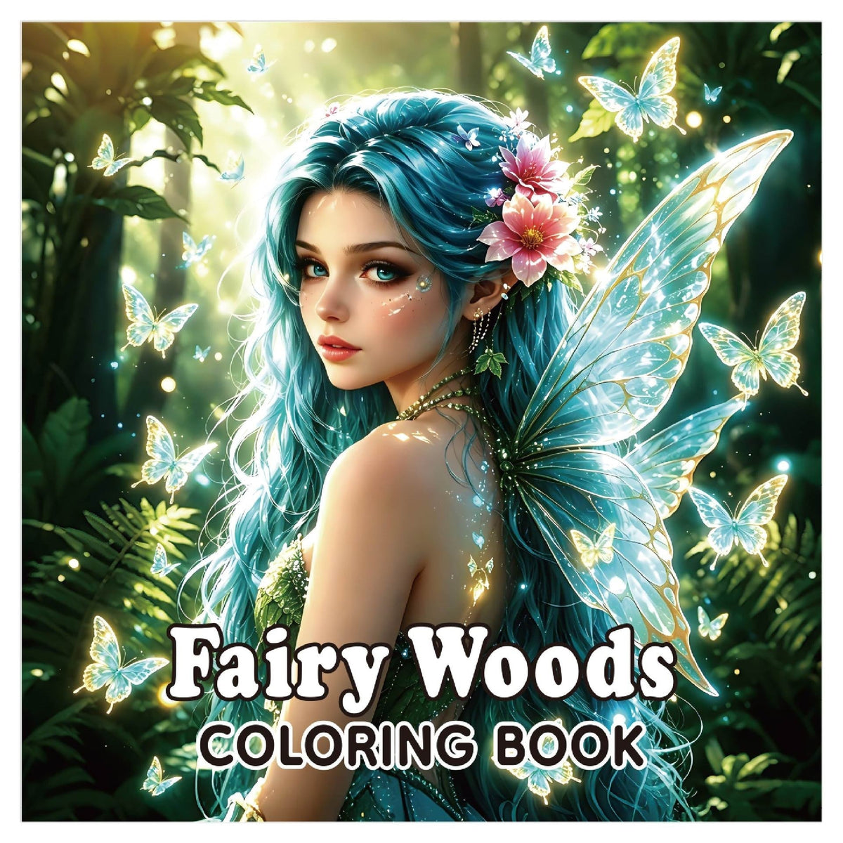 Coloring Books for Adults featuring a colorful fairy with teal hair, translucent wings, flowers and glowing butterflies on the cover.