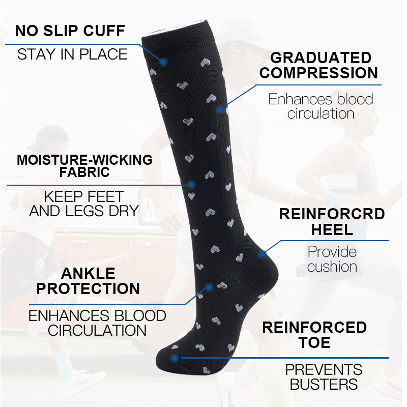 Calf Compression Socks in black and blue polyester with a fine horizontal stripe pattern, ribbed calf and foot зона.