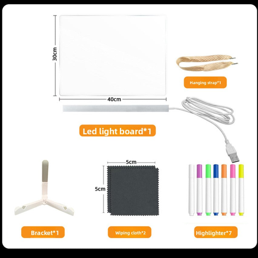 Activity Books LED drawing board set with a white plastic panel, hanging strap, folding stand, wiping cloth and seven colorful markers