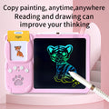 Activity Book LCD writing tablet in pink ABS plastic, with stylus, buttons, and a glowing multicolour tiger drawing screen.