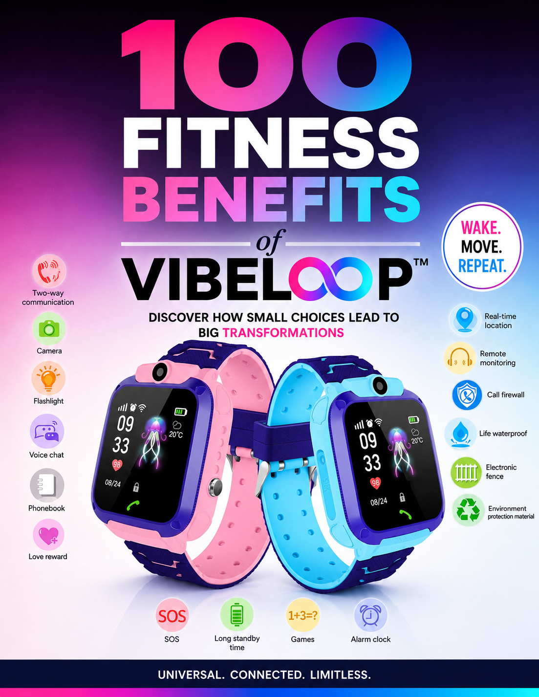 Digital fitness guide cover titled 100 Fitness Benefits, featuring a bold pink and blue title and colorful VIBE LOOP trackers.