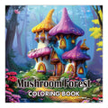 Coloring Books for Adults featuring a colorful mushroom forest cover with whimsical purple and orange fungi houses and flowers.