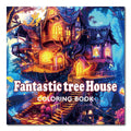 Coloring Books for Adults featuring a vibrant fantasy tree house cover with glowing windows, winding stairs, and bold lettering.