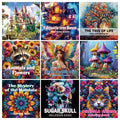 Coloring Books for Adults featuring colorful illustrated covers with fantasy castles, animals, flowers, mushrooms, mandalas, and a sugar skull.