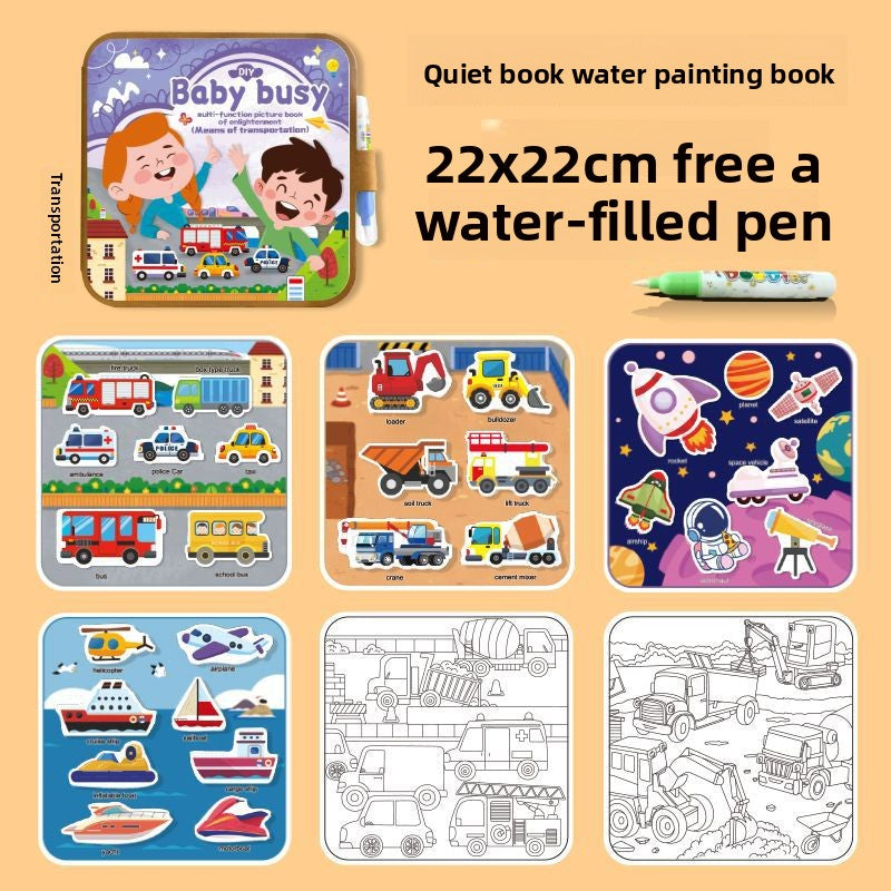 Activity Book featuring colorful transport illustrations and reusable vehicle coloring pages with a water-filled pen