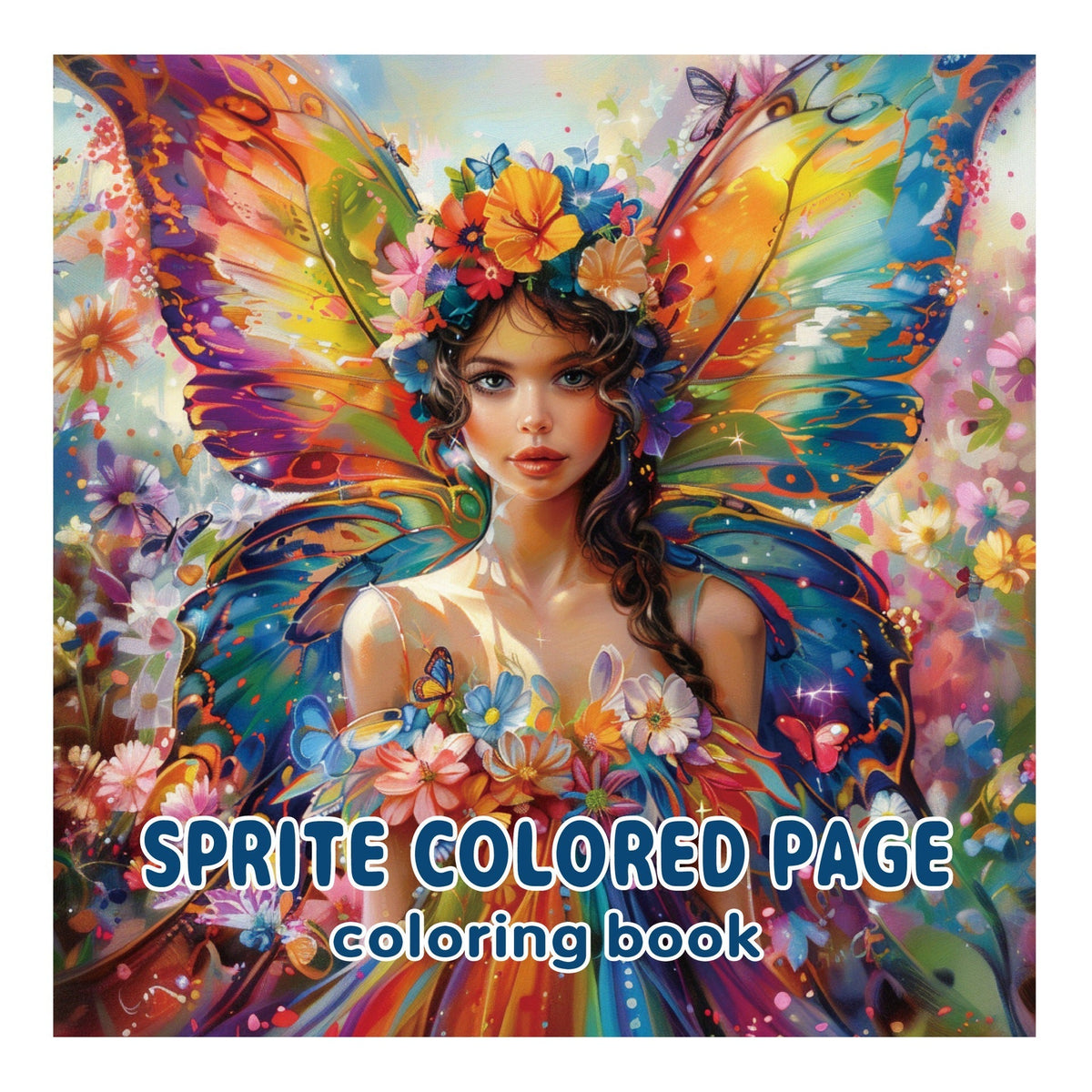 Coloring Books for Adults, colorful paper book cover featuring a fairy with vibrant butterfly wings and flowers