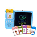 Activity Book learning tablet in bright blue ABS plastic with a black LCD drawing screen, stylus, and colorful picture cards.