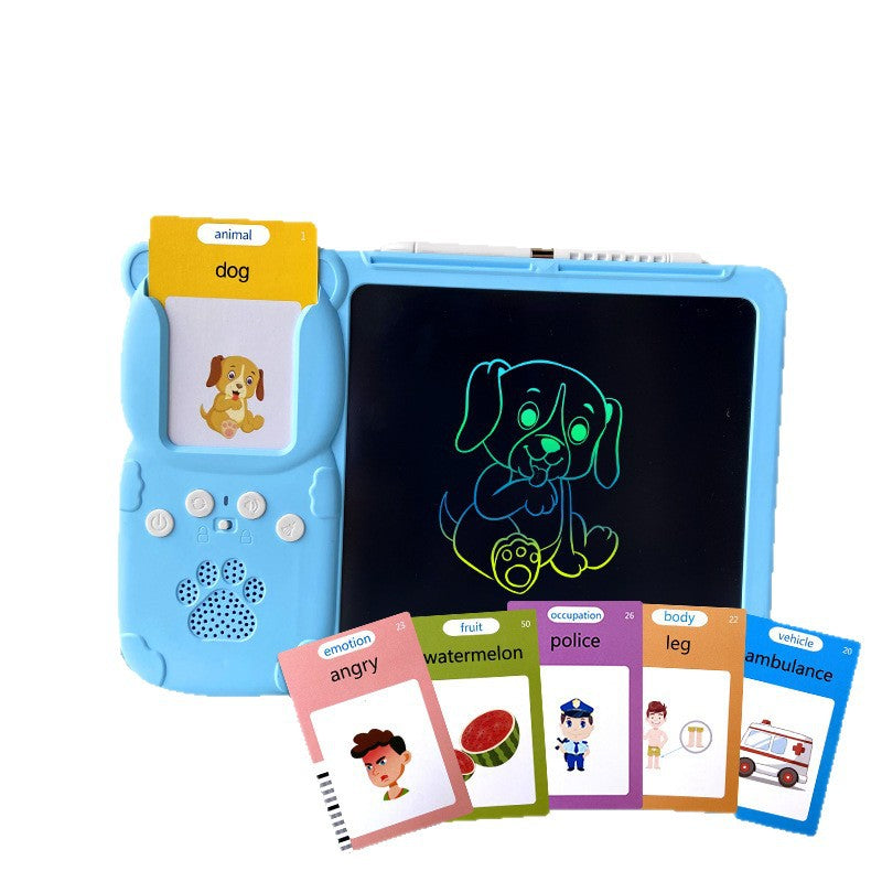 Activity Book learning tablet in bright blue ABS plastic with a black LCD drawing screen, stylus, and colorful picture cards.