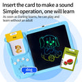 Blue ABS plastic Activity Book LCD drawing tablet with black screen, colorful dog sketch, speaker holes and learning cards.