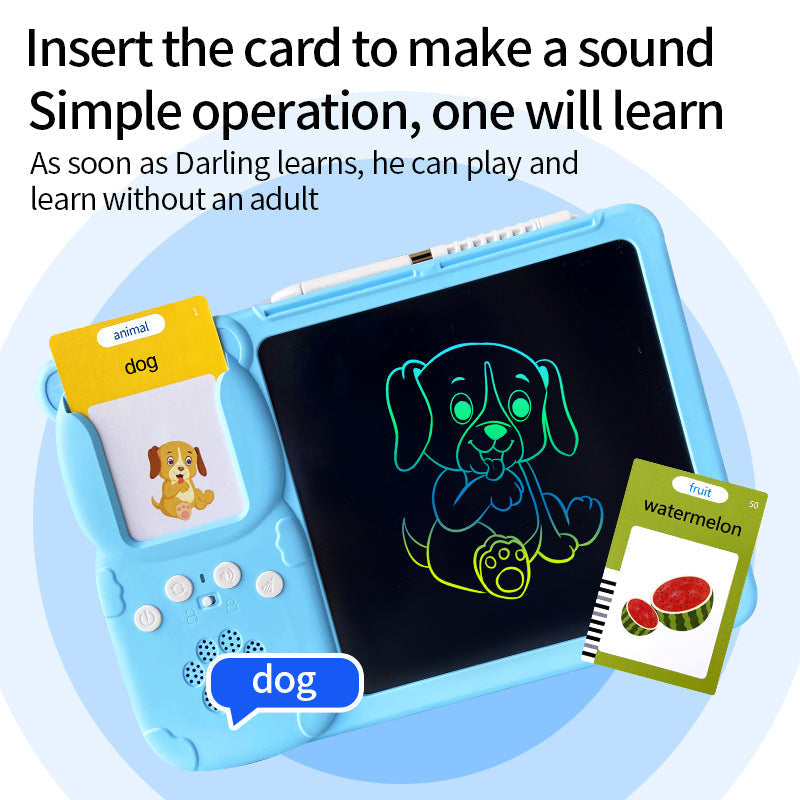 Blue ABS plastic Activity Book LCD drawing tablet with black screen, colorful dog sketch, speaker holes and learning cards.