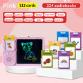 Activity Book with a pink ABS LCD learning tablet, colorful tiger drawing, stylus, and illustrated vocabulary cards.