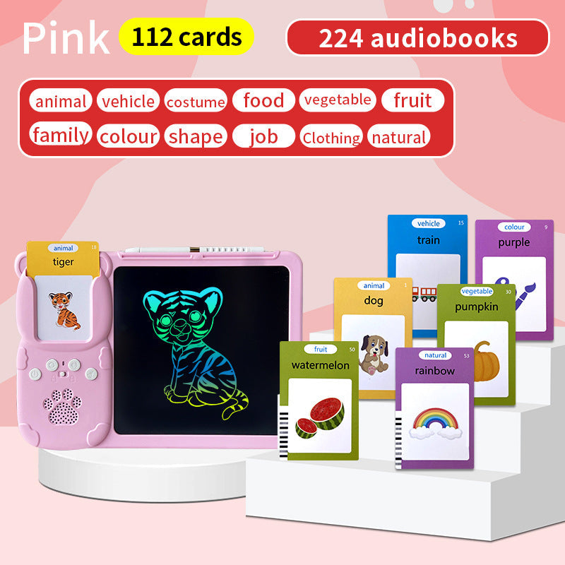 Activity Book with a pink ABS LCD learning tablet, colorful tiger drawing, stylus, and illustrated vocabulary cards.