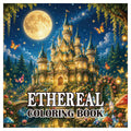Coloring Books for Adults, square paper book with vivid fantasy castle, full moon, butterflies and floral details on cover
