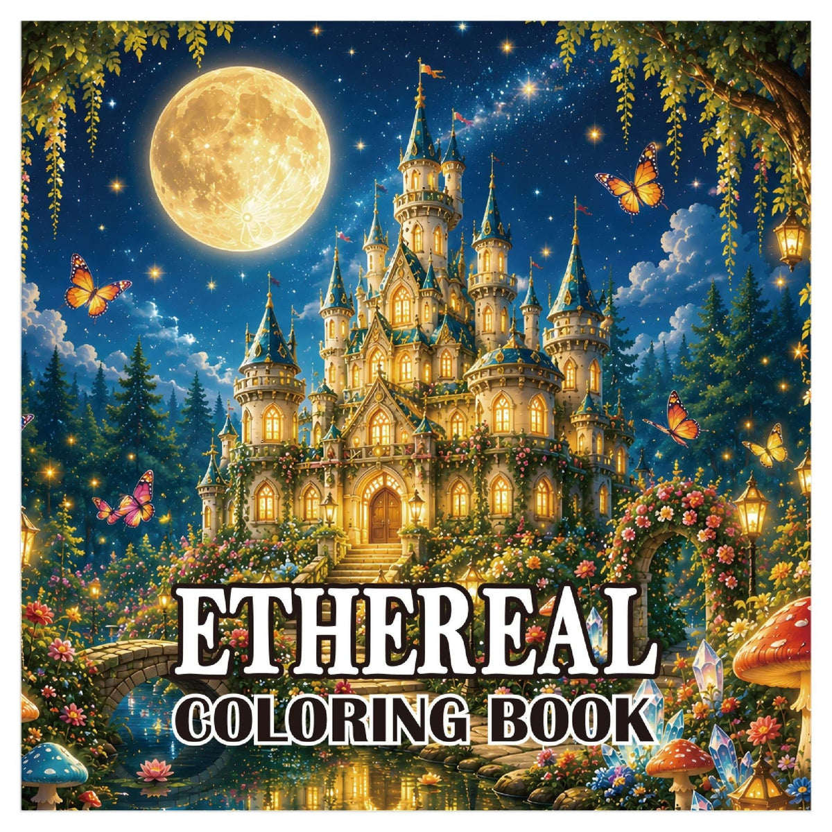 Coloring Books for Adults, square paper book with vivid fantasy castle, full moon, butterflies and floral details on cover
