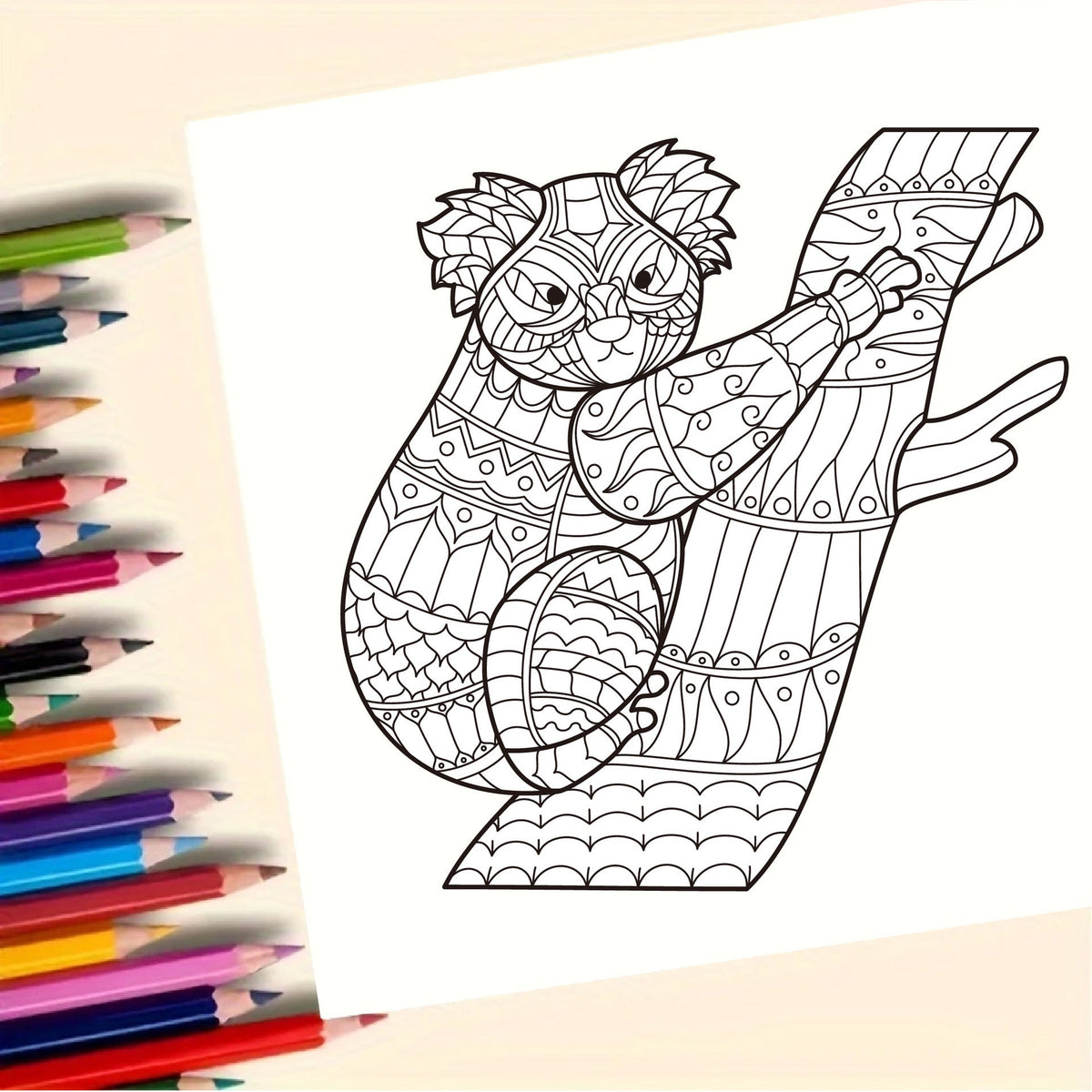 Coloring Books for Adults featuring a black-and-white patterned owl clinging to a tree branch, printed on paper.