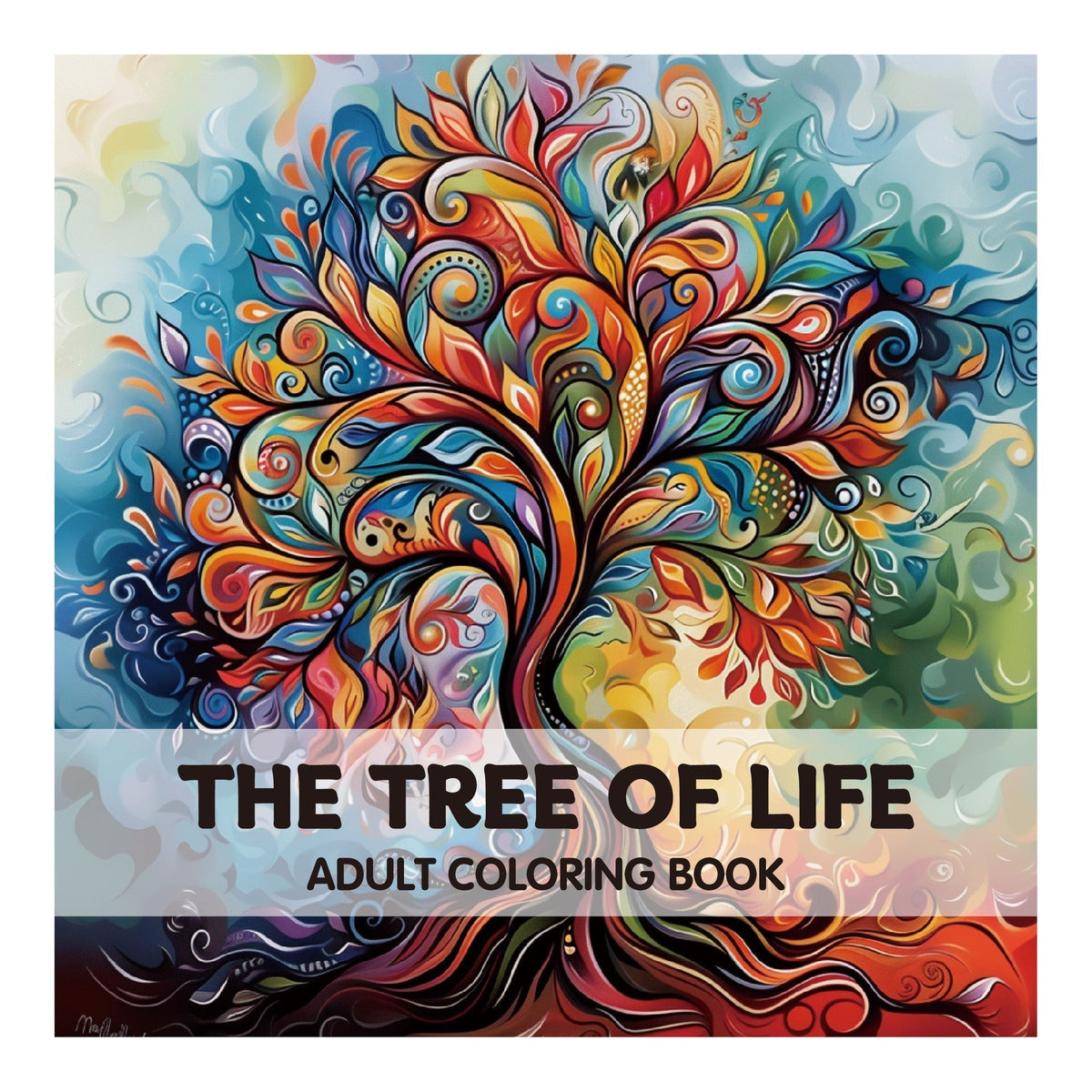 Coloring Books for Adults paperback book with a vivid multicolored swirling tree of life cover and bold title text.