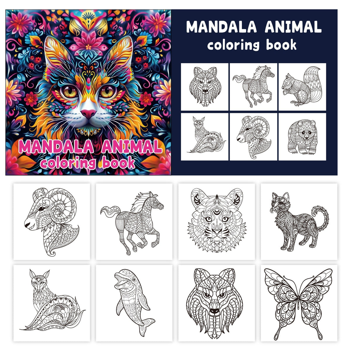 Coloring Books for Adults is a paper mandala animal coloring book with a vivid floral cat cover and intricate black-and-white designs.