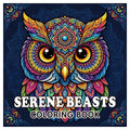 Coloring book with a vivid multicolored owl and intricate mandala feathers on a dark blue cover, titled “Serene Beasts” Coloring Books for Adults