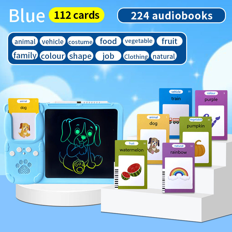 Activity Book learning tablet in blue ABS plastic with a black LCD drawing screen, stylus, and illustrated vocabulary cards.