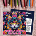 Coloring book with a vivid multicolored mandala cat cover, floral details, and black-and-white animal designs inside for Coloring Books for Adults.
