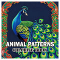 Coloring book cover with a vivid blue and green peacock, ornate red and gold border, and animal pattern design; Coloring Books for Adults