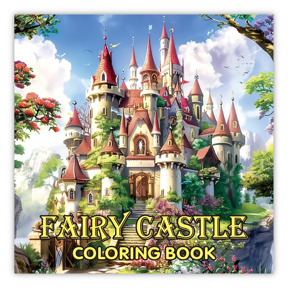 Coloring Books for Adults featuring a colorful fantasy castle with red spires, green foliage, and bold lettering on the cover.