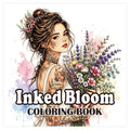 Coloring book, Coloring Books for Adults with a woman holding a colorful bouquet, floral tattoos, and watercolor splashes on the cover.