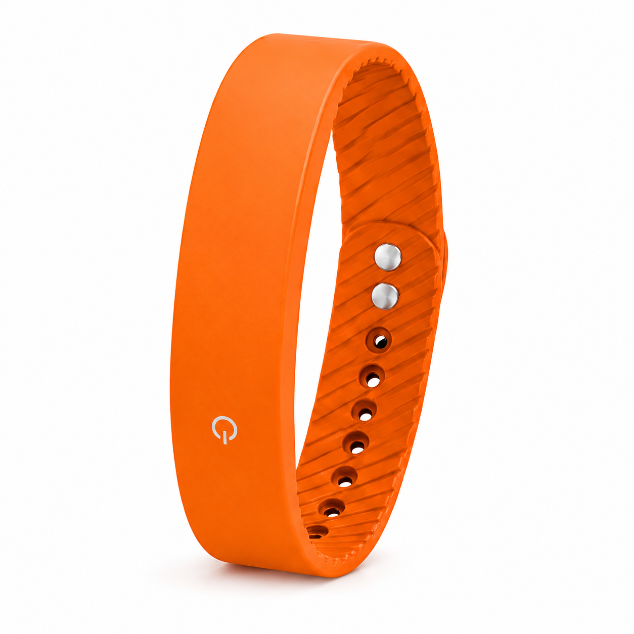 An orange silicone fitness tracker wristband with a textured inner band, silver adjustment sliders, and a white power icon on the side, shown on a white background.
