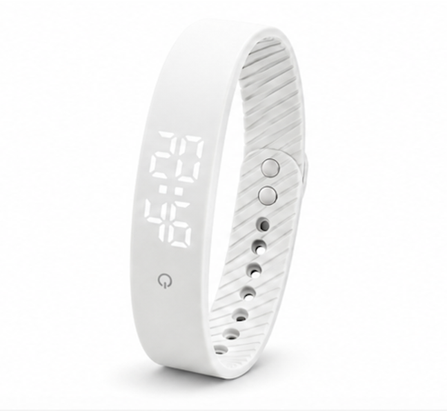 A white smart fitness band with a matte finish and a textured inner strap, shown on a clean white background.