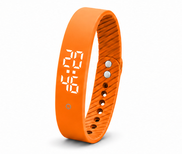 An orange silicone fitness tracker wristband with a textured inner band, silver adjustment sliders, and a white power icon on the side, shown on a white background.