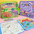 Activity Book set with colorful animal and transportation covers, blue-bordered underwater water-painting pages and a refillable pen