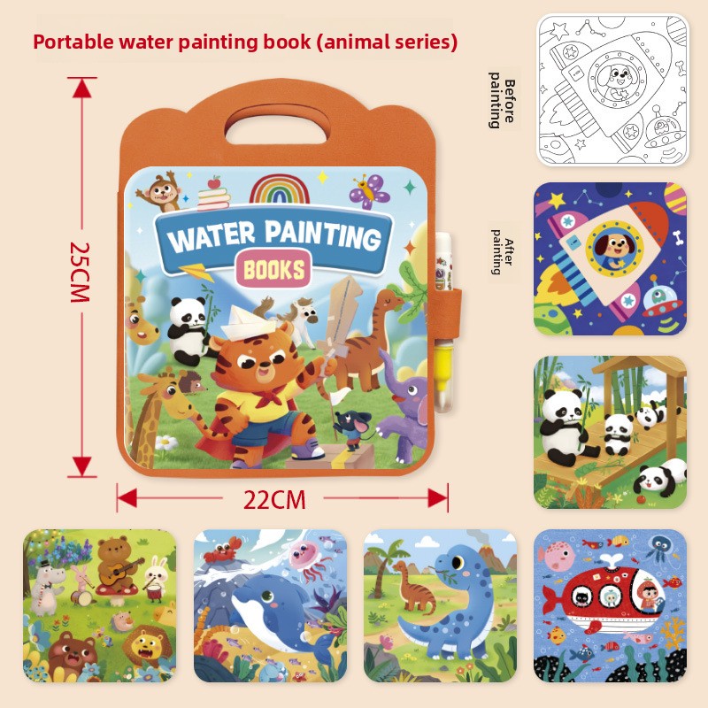 Activity Book featuring a colorful animal-themed water painting cover, orange carry handle and matching illustrated pages