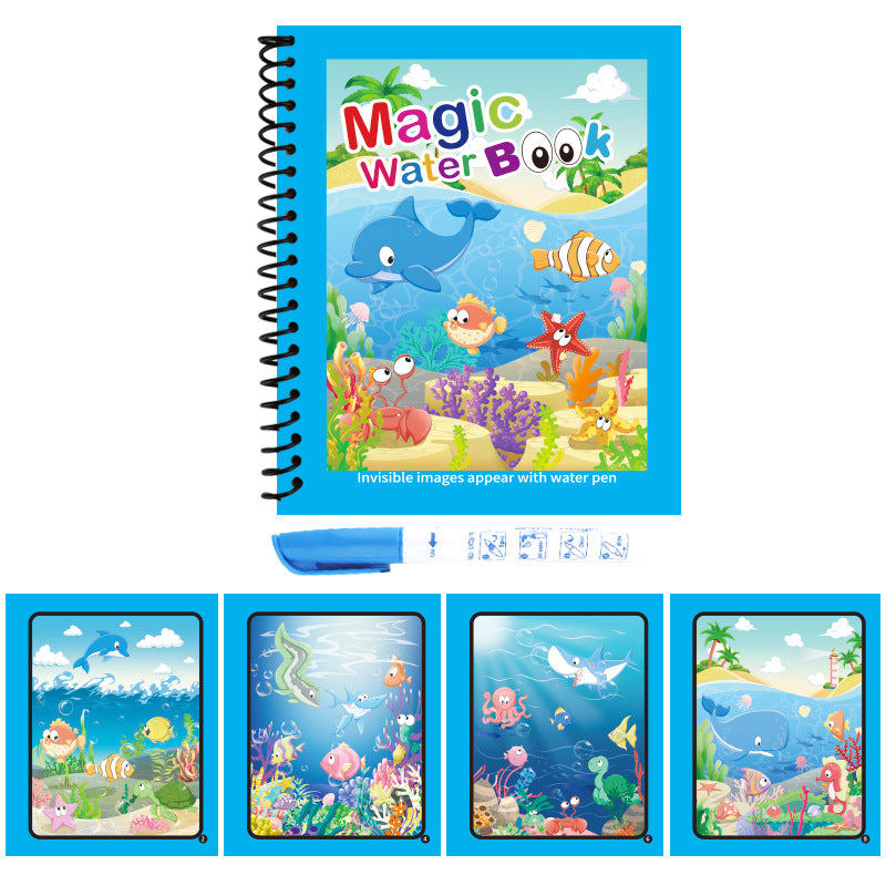 Activity Book with a bright blue cover, black spiral binding, and colorful ocean animals for water drawing