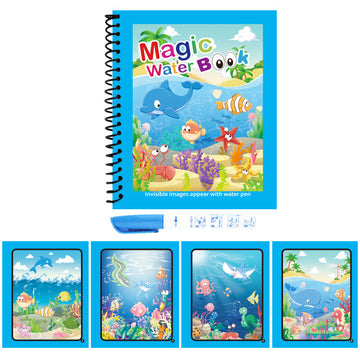 Activity Book with a bright blue cover, black spiral binding, and colorful ocean animals for water drawing