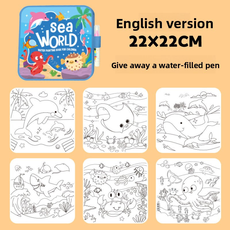 Activity Book with a blue Sea World cover, colorful sea creatures, a water-filled pen and six ocean coloring pages