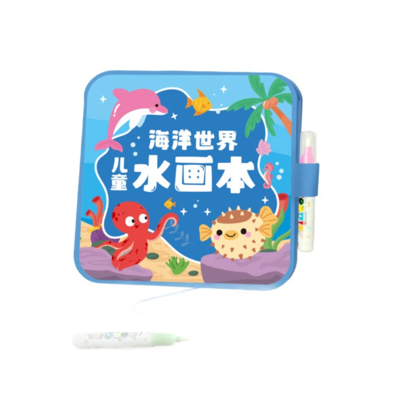 Activity Book with a blue sea-life cover, featuring colorful dolphins, a seahorse, octopus and pufferfish, with water pens