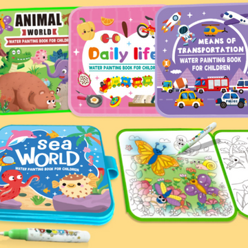Activity Book collection of colourful reusable water-painting books with animal, daily life, transport and sea themes