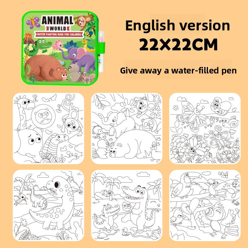 Activity Book with a green animal-themed cover, six black-and-white wildlife coloring pages, and a water-filled pen