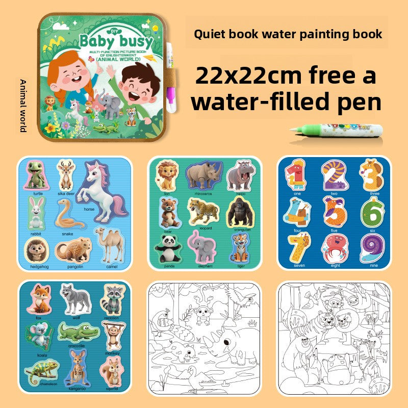 Activity Book with a green animal-themed cover, colorful illustrated learning pages, black-and-white scenes, and water pen