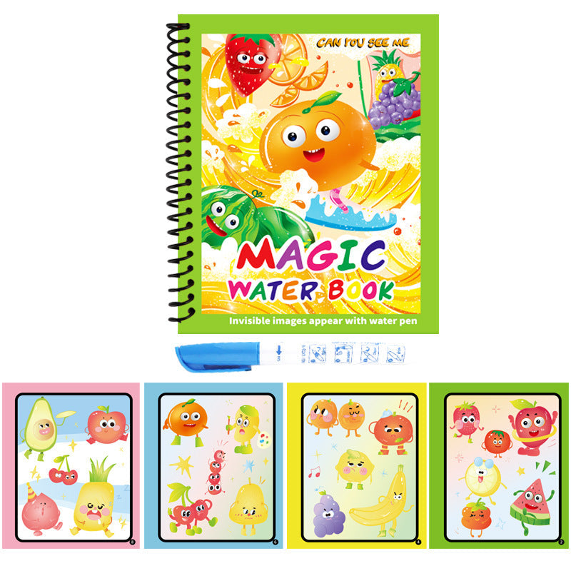 Activity Book with a green spiral-bound cover, colorful smiling fruit illustrations and a blue water pen for reusable drawing
