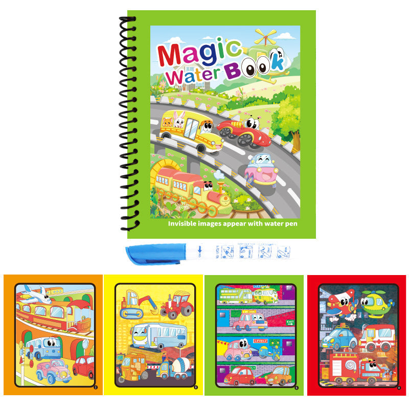 Activity Book with a green cover, spiral binding, and colourful cartoon vehicles, plus a blue water pen