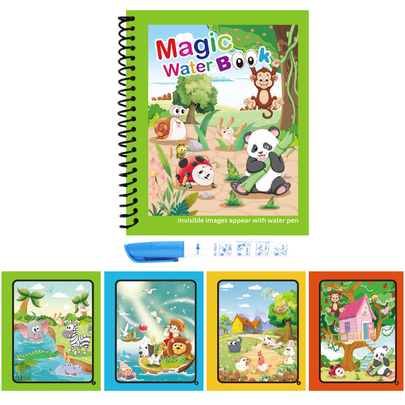 Activity Book with green spiral-bound cover, colorful animal illustrations and matching jungle, sea, farm, and fantasy pages