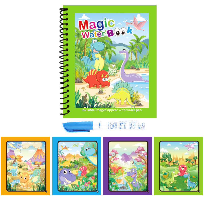 Activity Book with a bright green spiral-bound cover, colorful dinosaur artwork, and a blue water pen