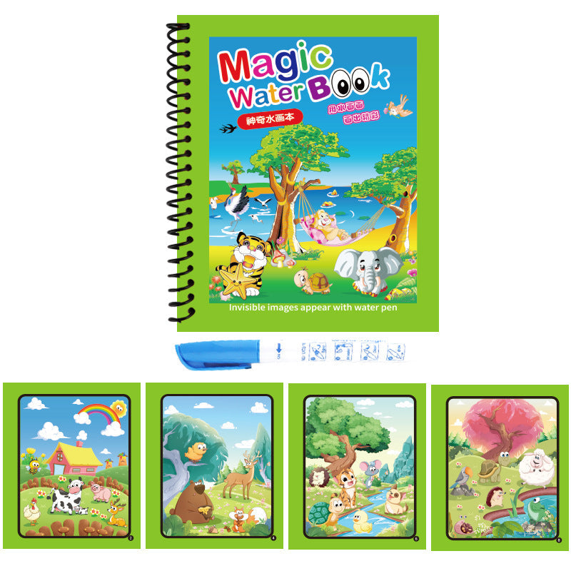 Activity Book with a green spiral-bound cover, colourful animal scenes, and a blue water pen for reusable drawing