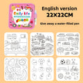 Activity Book with a pink Daily Life cover, reusable black-and-white activity pages, and a water-filled pen