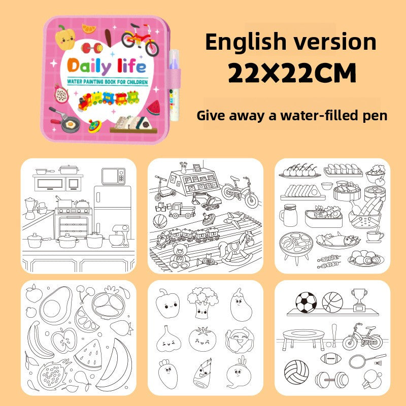Activity Book with a pink Daily Life cover, reusable black-and-white activity pages, and a water-filled pen