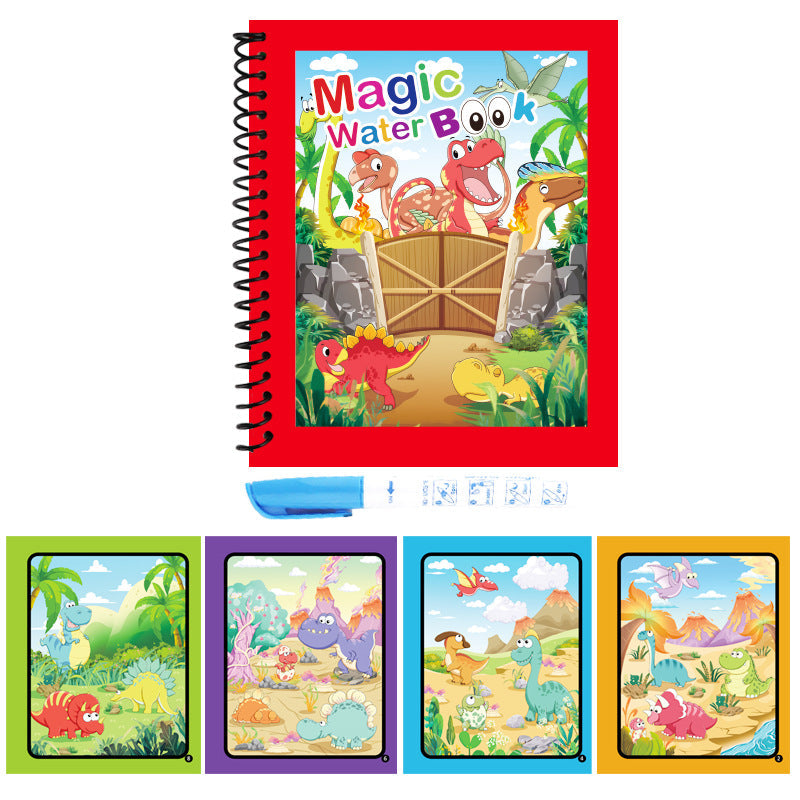 Activity Book with a red spiral cover, colorful dinosaur artwork and reusable water-reveal pages in bright themed scenes