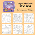 Activity Book with a purple transportation-themed cover, six black-and-white vehicle and space scenes, and a water-filled pen