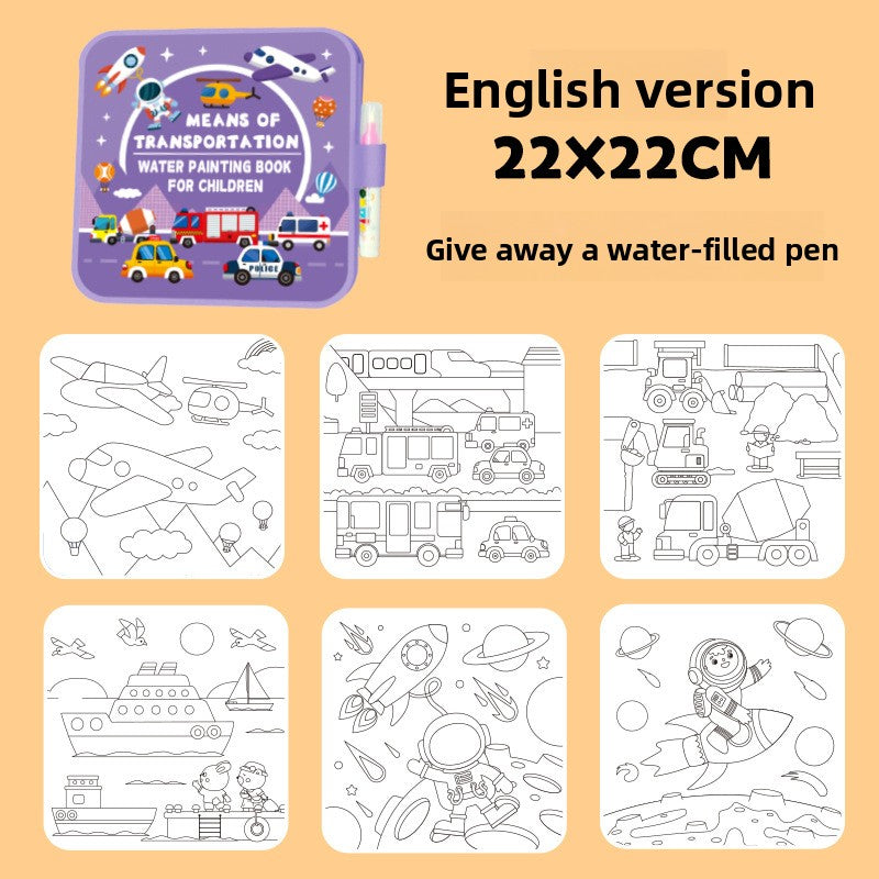 Activity Book with a purple transportation-themed cover, six black-and-white vehicle and space scenes, and a water-filled pen