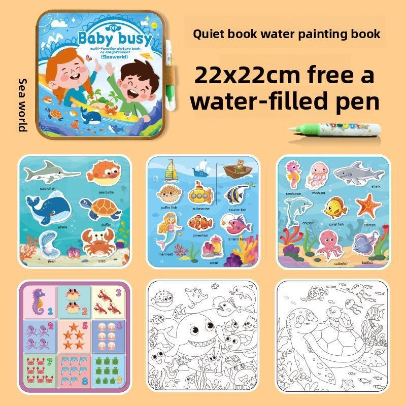 Activity Book with colorful sea life matching puzzles and black-and-white underwater scenes for water painting